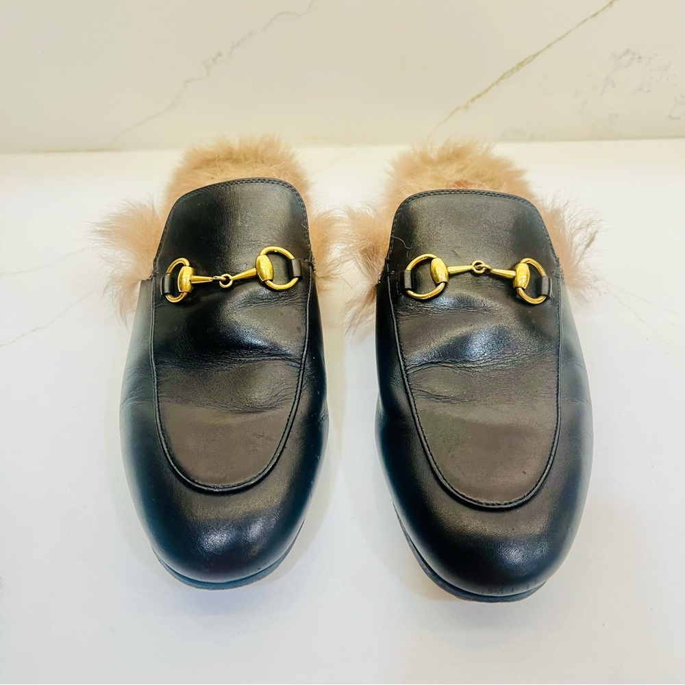 Gucci Princeton Fur Lined Horsebit Loafers- Black Leather Slides - Picture 4 of 9
